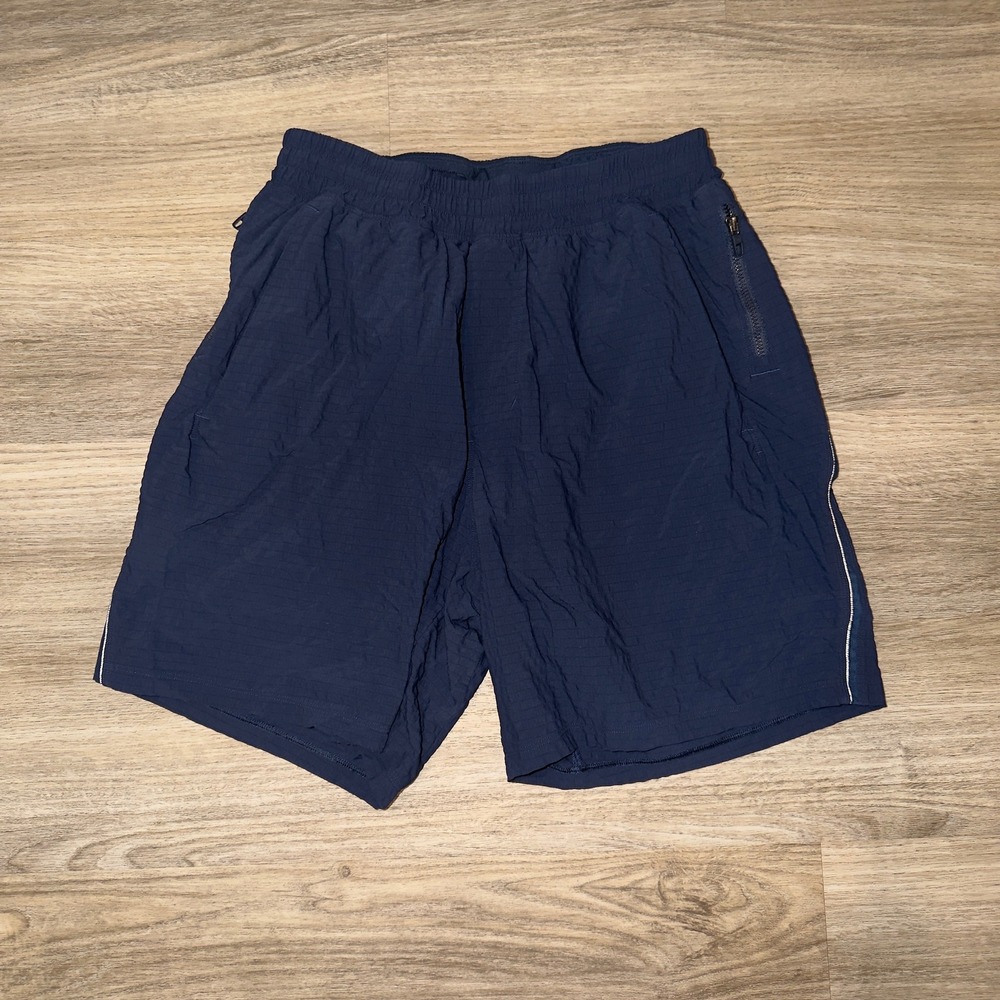 Lululemon Mens Navy Blue Grid Texture Athletic Training Shorts LM7BICS S 6 Inch